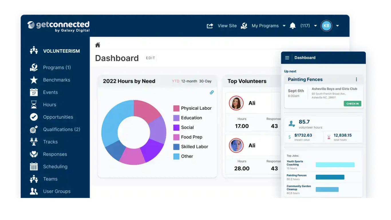 Screenshot showing the Get Connected volunteer management dashboard