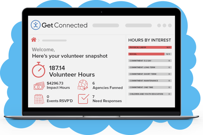 A laptop featuring Get Connected volunteer management software impact