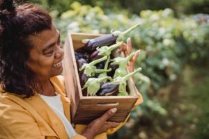 volunteer carrying a box of vegetables