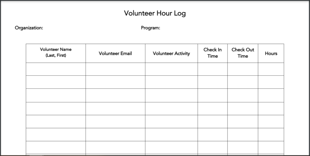 Example of a manual volunteer hours log spreadsheet for volunteer programs