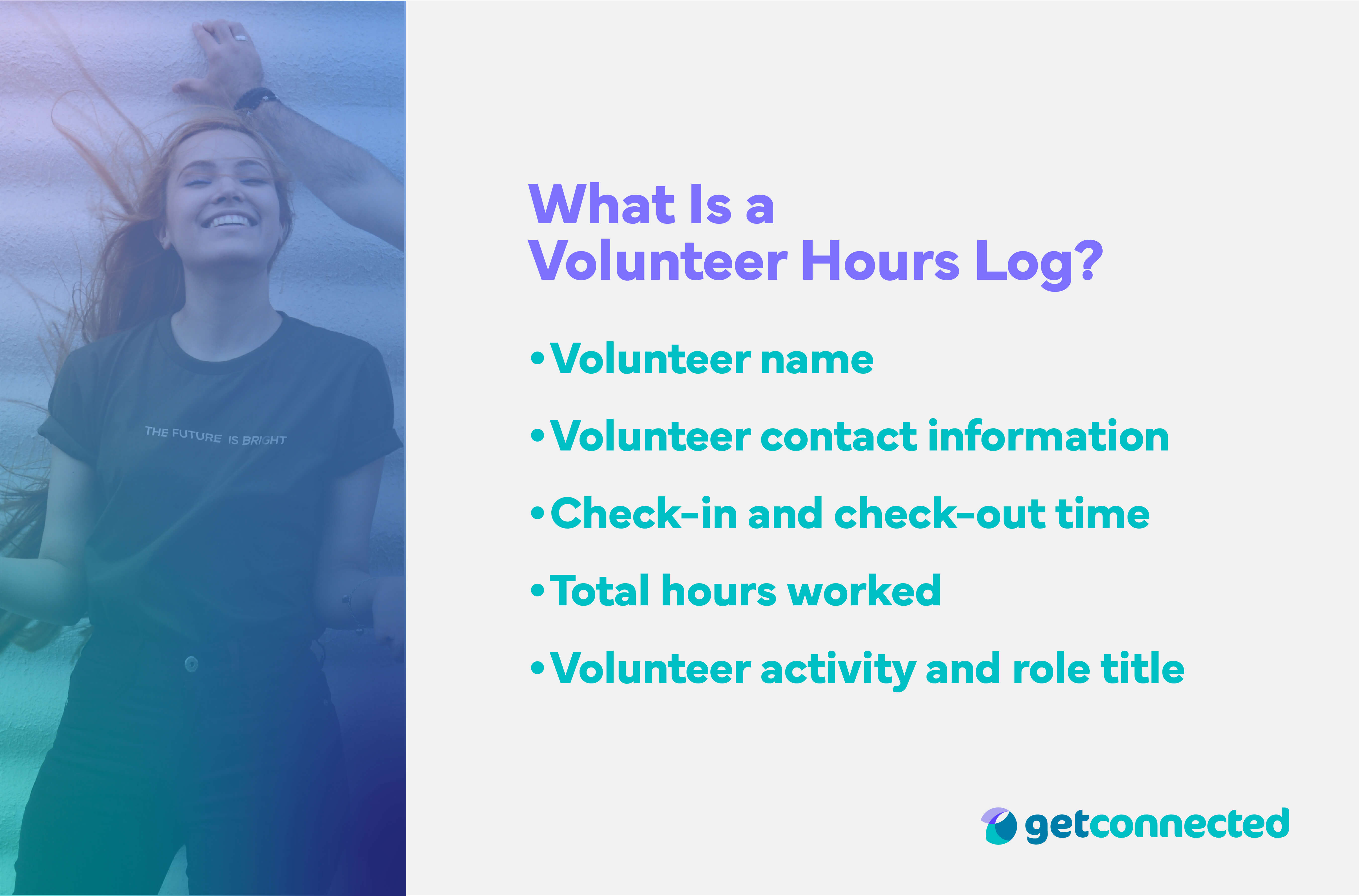 Volunteer hours log components including name, contact info, check in time, total hours worked, and role title