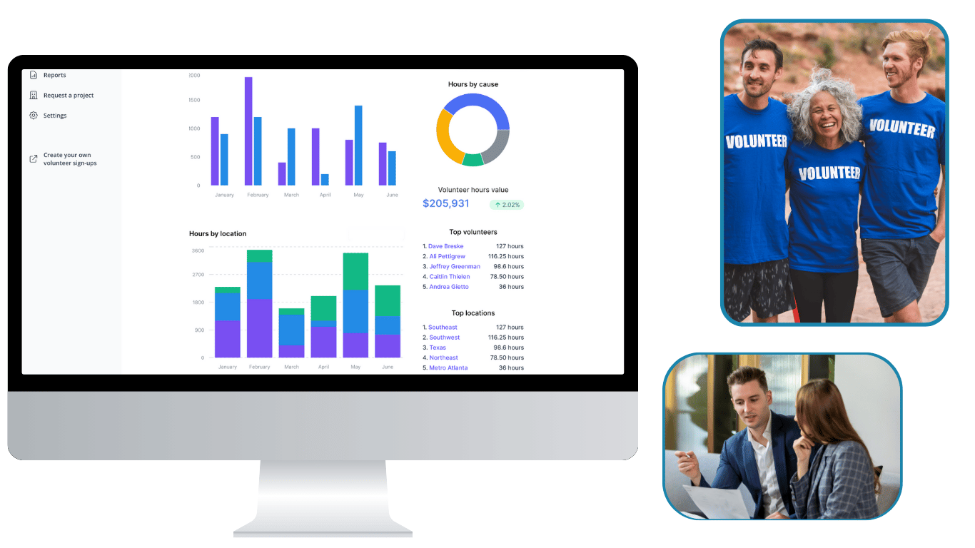 A screenshot of the Volunteer Link corporate volunteer platform reports
