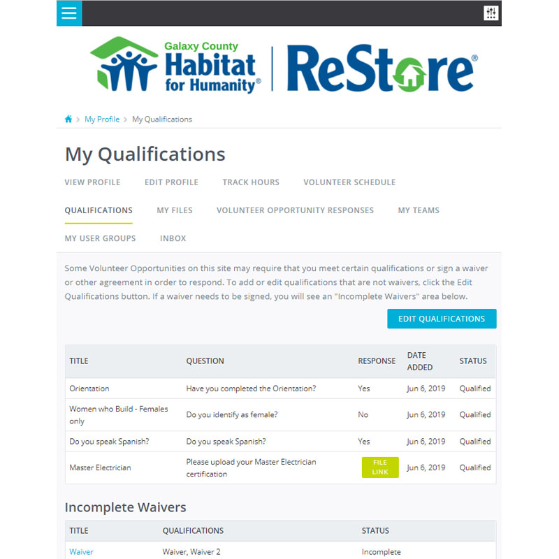 Volunteer qualifications app feature Volunteer qualifications app feature
